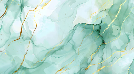 Wall Mural - Abstract watercolor paint background illustration - Soft pastel green aquamarine color and golden lines marbled. Generative AI.