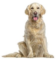 Wall Mural - golden retriever sitting, panting and looking at the camera, isolated on white. remastered