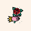 Hand holding rose flower. Tattoo flash. Hand drawn modern Vector illustration. Traditional tattoo style. Colorful bright icon. Isolated design element. Logo, print, sticker, tattoo, design template
