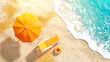 Orange deckchair, swimming circle, and umbrella on sandy beach top view.