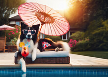 Ein Hund, Border Collie, Liegt Mit Sonnenbrille, Sonnenschirm Und Einem Cocktail Auf Einem Liegestuhl  Am Pool