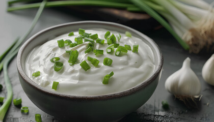 Sticker - Bowl of tasty sour cream with green onion on table, closeup