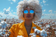 Beautiful African American woman wearing yellow jacket in cotton field. Trendy black woman with white curly hair and wearing sunglasses.