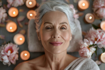 Wall Mural - Beautiful senior woman with burning candles at spa salon, closeup