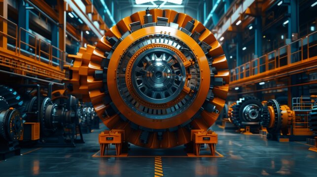 A large orange machine with a lot of gears and a big wheel