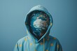 Man wearing hooded sweatshirt with globe instead of head on blue background. Concept of overproduction of clothes.
