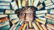the face of a smart child with glasses surrounded by books, the concept of reading, learning, education. color art