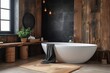 Black and wooden bathroom, white tub.