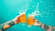An exuberant toast with craft beer glasses causing a lively splash, captured against a vibrant turquoise backdrop.
