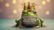 A regal frog donning a gold crown suggests notions of royalty, luxury, and fairytale magic against a glittery bokeh background