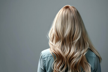 Wall Mural - Blonde woman with long wavy hair on grey background, back view