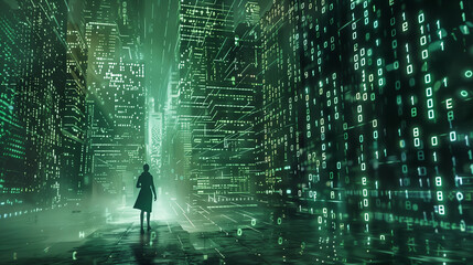 Green digital background with numbers and a person inside the background