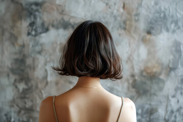 Wall Mural - Back view of a beautiful brunette with short wavy hair.