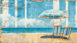 Poster beach umbrella and lounge chairs, with fabric  stripes  and sky blue: Holiday, Travel Industry