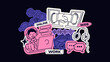 Stickers web online works and computers. Page interface, technology, error 404, operating system, equipment setup, websites, cybersecurity, . Vector cartoon mascots in retro style.