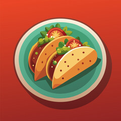Canvas Print - Vibrant illustration of three delicious mexican tacos filled with fresh ingredients, served on a plate, highlighting the traditional street food essence of mexico's iconic fast food
