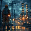 © auttawit - A man in a yellow helmet stands in front of a large industrial plant. The sky is dark and cloudy, and the man is wearing a yellow safety suit