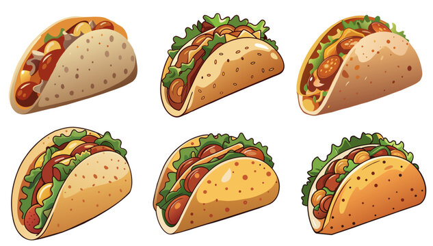 vibrant illustration set of a classic mexican taco filled with savory meats, fresh lettuce, and juic