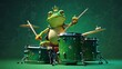 © ArtistiKa - A comical green frog playing a drum set on a green stage, exuding a sense of rhythm and fun in a whimsical setup