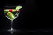 Fancy cocktail with fresh fruit. Gin and tonic drink with ice at a party, on a black background. Alcohol with lime and raspberry, with copy space