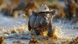   A hat-wearing hippo runs through the water