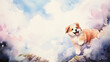 Funny puppy running in the clouds, watercolor background image for kids