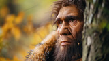 Fototapeta  - Portrait Neanderthalensis contemplative primitive Man with natural Backdrop, sunset light.