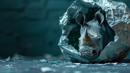 Wall Mural -   A rhinoceros head protrudes from a hole in a piece of tin foil, lying on the ground