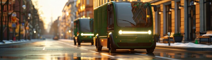 Two green electric delivery trucks are driving down a city street