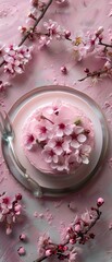 Wall Mural - A pink cake with cherry blossoms on top of a white plate