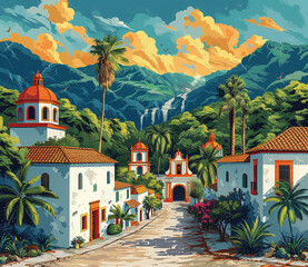 Illustration of a picturesque village with traditional white buildings, red-tiled roofs, and a backdrop of lush mountains and waterfalls under a golden sky.