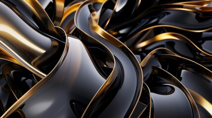 Wall Mural - 3d ribbons of black and gold swirling in a dynamic composition, with contrasting glossy and velvet-l