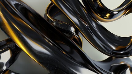 Wall Mural - 3d ribbons of black and gold swirling in a dynamic composition, with contrasting glossy and velvet-l