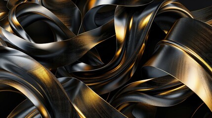 Wall Mural - 3d ribbons of black and gold swirling in a dynamic composition, with contrasting glossy and velvet-l
