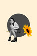 Vertical photo collage of upset bored girl sit sunflower stem receive one flower international woman day isolated on painted background