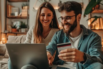 Happy couple at home paying bills or online shopping with laptop and credit card, Generative AI