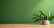 © inthasone - wood table green wall background with sunlight window create leaf shadow on wall with blur indoor green plant foreground. panoramic banner mockup for display of product. eco friendly interior concept,