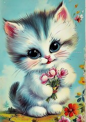 Cute Kitten With Big Eyes Holding a Bouquet With Pink Flowers, Blue Background, Retro Valentine's Day Card Design, 1970 Art