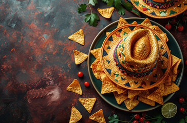 Wall Mural - A vibrant Mexican-themed food setup featuring a sombrero on a plate surrounded by nacho chips, tomatoes, and lime slices on a rustic table.