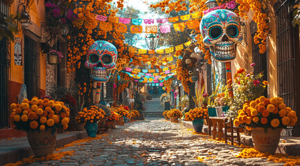 Wall Mural - A vibrant street decorated with marigolds and colorful skull sculptures for Day of the Dead in Mexico, creating a festive and cultural atmosphere.