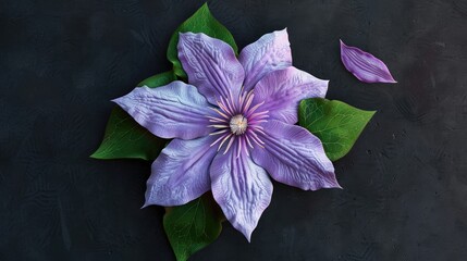 Sticker - Beautiful purple clematis flower on dark background. Top view.