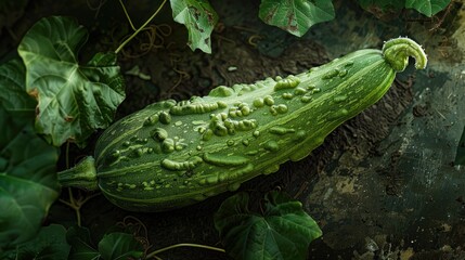 Wall Mural - Green zucchini with drops of water on a dark background.