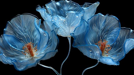   A tight shot of two blue flowers against a black backdrop, adorned with water droplets on their petals