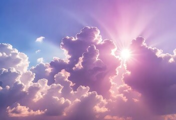 Wall Mural - Dramatic pink and purple clouds in a bright blue sky with the sun shining through