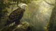 An eagle is perched on a rock in front of a green blurred background.

