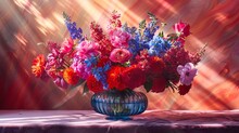   A Blue Vase, Brimming With An Array Of Vibrant Flowers, Sits Atop A Table The Table Is Draped In A Cloth Of Deep Purple And Bold Red Hues