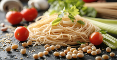 Wall Mural - A soy noodles in raw form scattered on a table, soy pods, soy beans, tomatoes and celery lying nearby, healthy food, fitness, diet, alternative food. Generative AI.