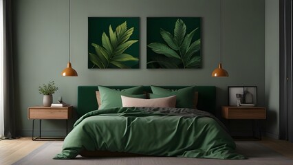 2 Wall Art Mockup, Interior Design of Bedroom Green Theme, Bedroom Wall Art Mockup 3