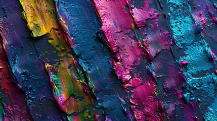 A close-up view of an abstract, textured surface, where thick, paint strokes in vibrant colors stand out against a dark background. 