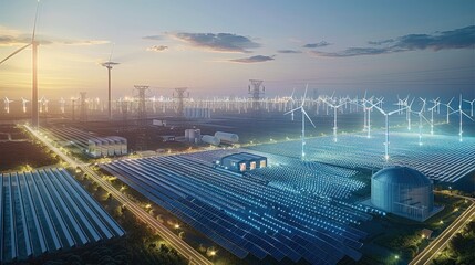 Aufkleber - An energy lighting design with photovoltaic panel, wind turbine and storage silos in the background showing power grid network connecting multiple green sources like solar field. Generative AI.